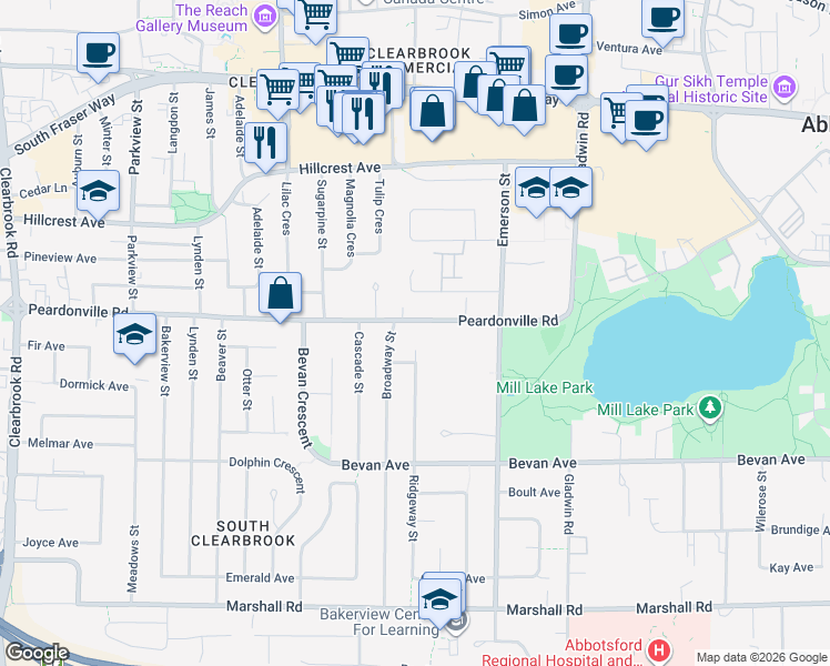 map of restaurants, bars, coffee shops, grocery stores, and more near 32565 Peardonville Road in Abbotsford