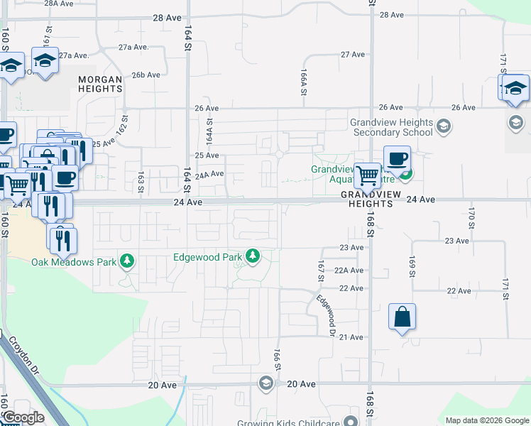 map of restaurants, bars, coffee shops, grocery stores, and more near 2425 166 Street in Surrey
