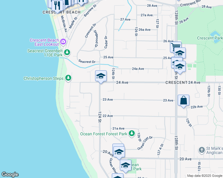 map of restaurants, bars, coffee shops, grocery stores, and more near 12469 23 A Avenue in Surrey