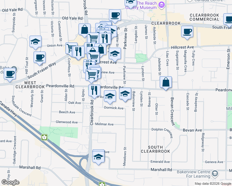 map of restaurants, bars, coffee shops, grocery stores, and more near 32120 Peardonville Road in Abbotsford