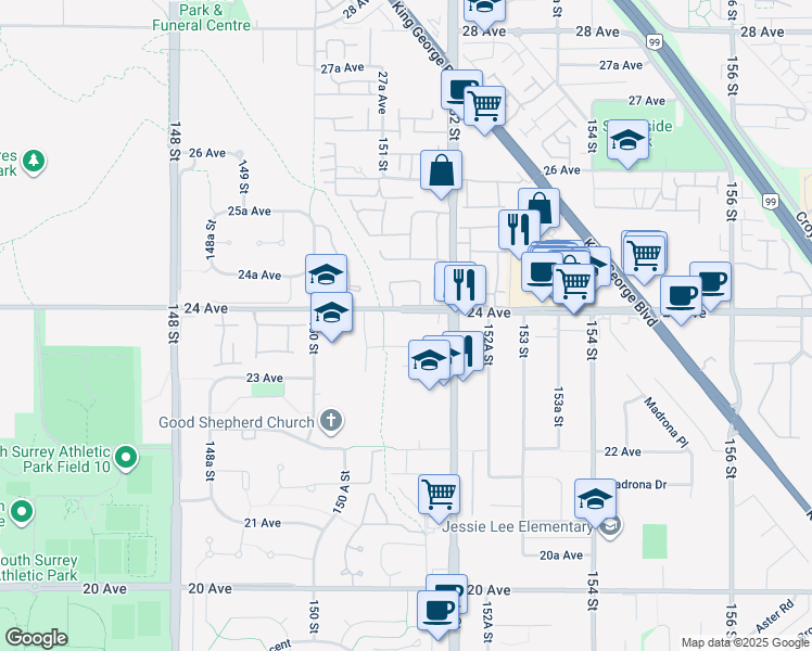 map of restaurants, bars, coffee shops, grocery stores, and more near 15128 24 Avenue in Surrey