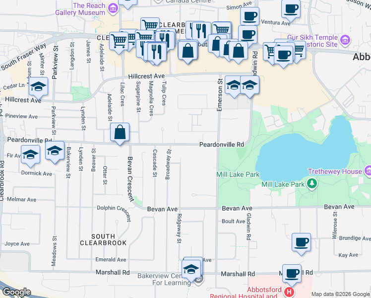 map of restaurants, bars, coffee shops, grocery stores, and more near 32594 Peardonville Road in Abbotsford