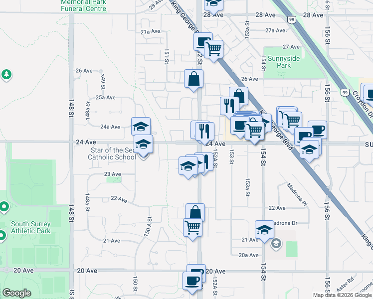 map of restaurants, bars, coffee shops, grocery stores, and more near 15128 24 Avenue in Surrey