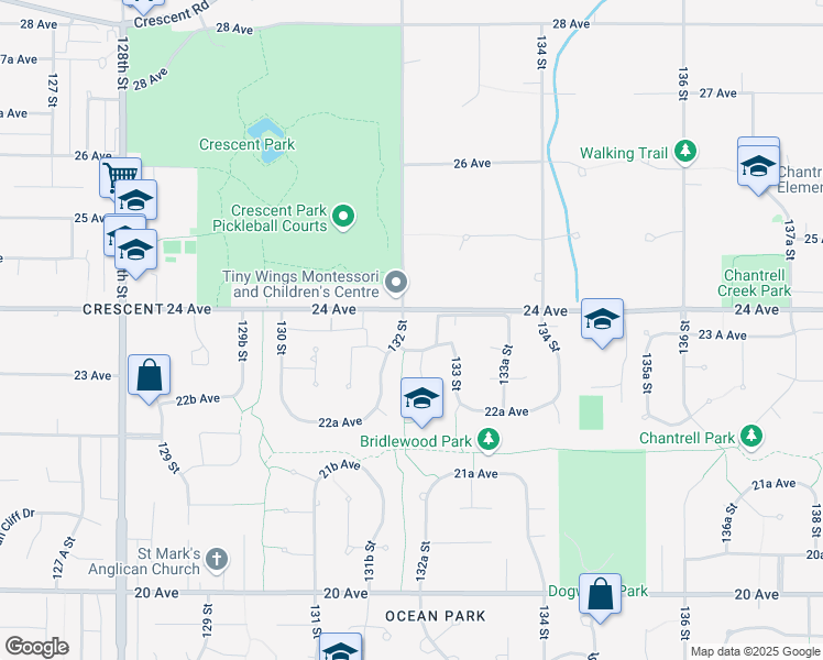 map of restaurants, bars, coffee shops, grocery stores, and more near 2372 132 Street in Surrey