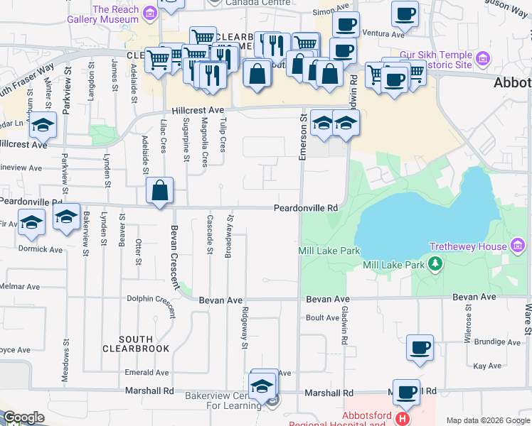 map of restaurants, bars, coffee shops, grocery stores, and more near 32620 Peardonville Road in Abbotsford