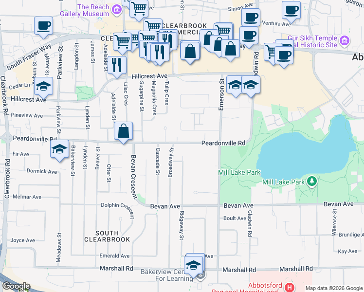 map of restaurants, bars, coffee shops, grocery stores, and more near 32570 Peardonville Road in Abbotsford