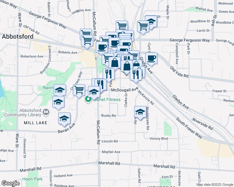 map of restaurants, bars, coffee shops, grocery stores, and more near 33702 McDougall Avenue in Abbotsford