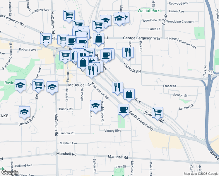 map of restaurants, bars, coffee shops, grocery stores, and more near 2397 West Railway Street in Abbotsford