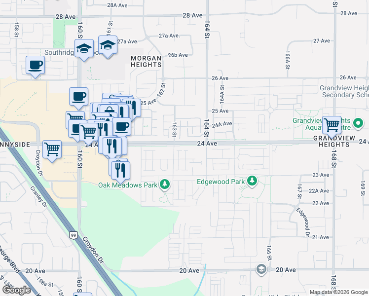 map of restaurants, bars, coffee shops, grocery stores, and more near 16337 23A Avenue in Surrey