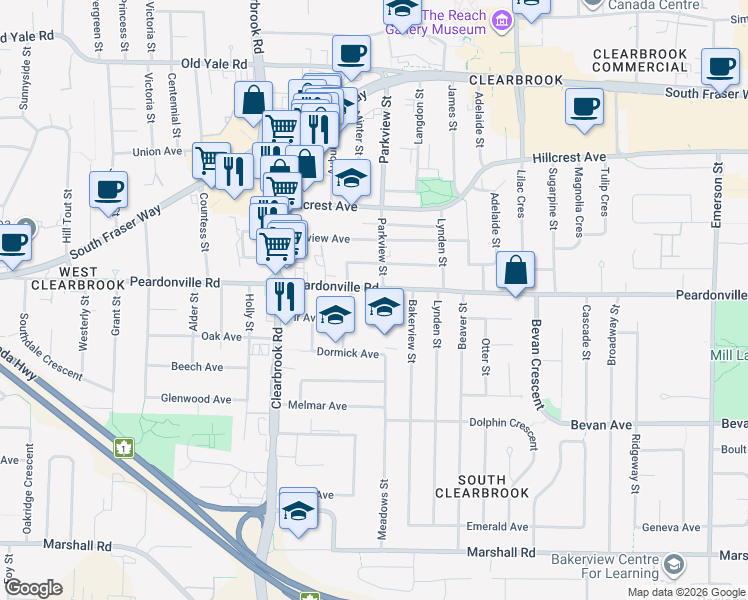 map of restaurants, bars, coffee shops, grocery stores, and more near 32160 Peardonville Road in Abbotsford