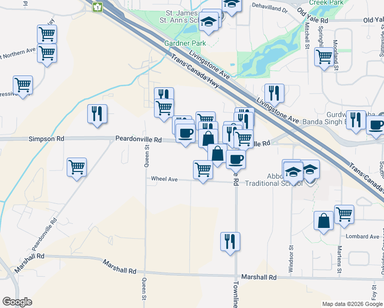 map of restaurants, bars, coffee shops, grocery stores, and more near 31060 Peardonville Road in Abbotsford