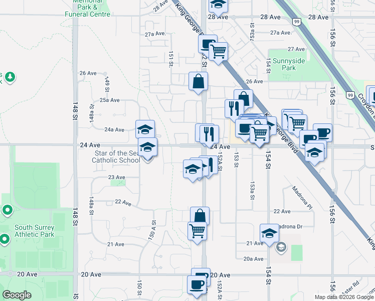 map of restaurants, bars, coffee shops, grocery stores, and more near 15128 24 Avenue in Surrey