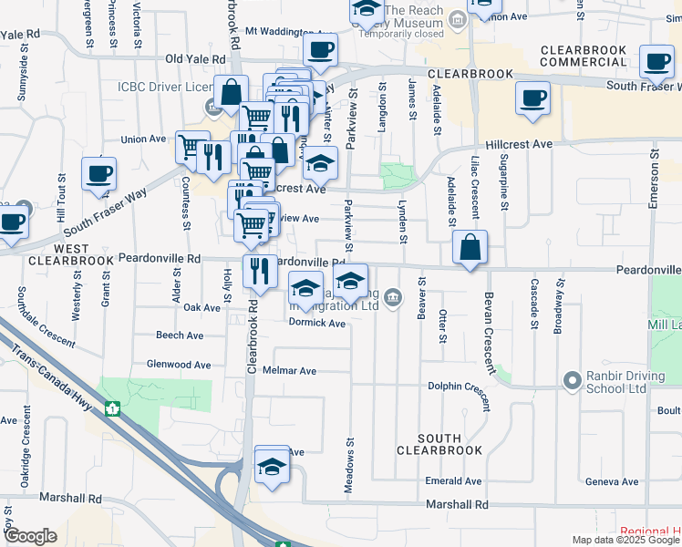 map of restaurants, bars, coffee shops, grocery stores, and more near 32160 Peardonville Road in Abbotsford