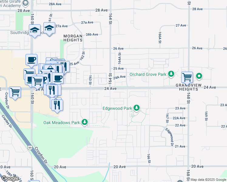 map of restaurants, bars, coffee shops, grocery stores, and more near 16467 23 A Avenue in Surrey