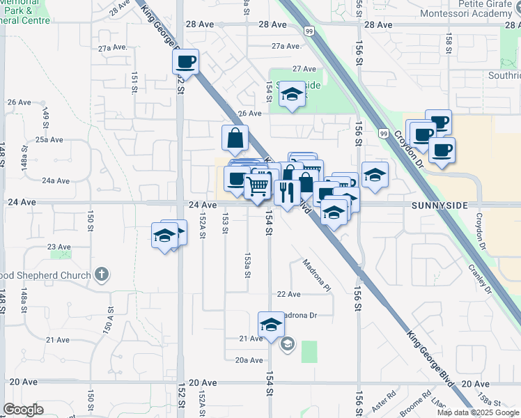 map of restaurants, bars, coffee shops, grocery stores, and more near 15355 24 Avenue in Surrey