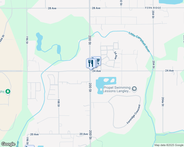 map of restaurants, bars, coffee shops, grocery stores, and more near 2390 200 Street in Langley