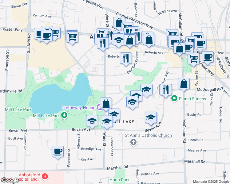 map of restaurants, bars, coffee shops, grocery stores, and more near 33247 Ravine Avenue in Abbotsford