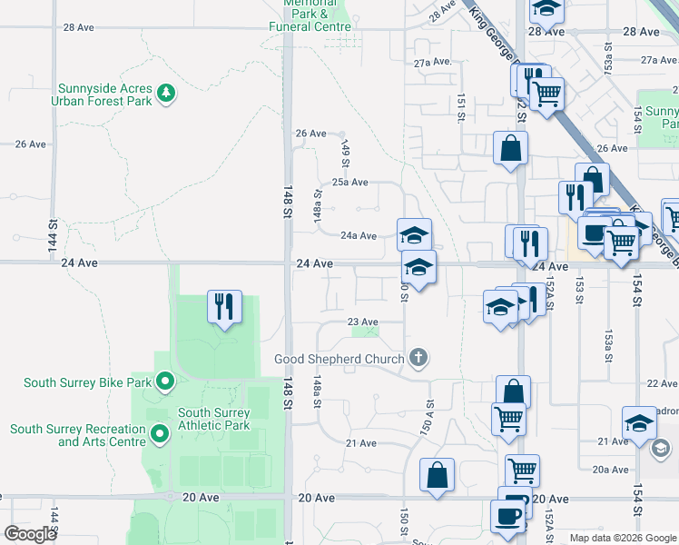 map of restaurants, bars, coffee shops, grocery stores, and more near 14888 24 Avenue in Surrey