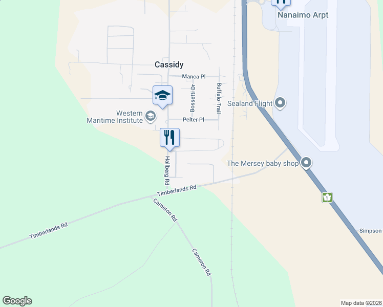 map of restaurants, bars, coffee shops, grocery stores, and more near 55 Hallberg Road in Cassidy