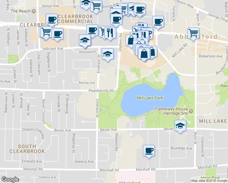 map of restaurants, bars, coffee shops, grocery stores, and more near 194 Peardonville Road in Abbotsford