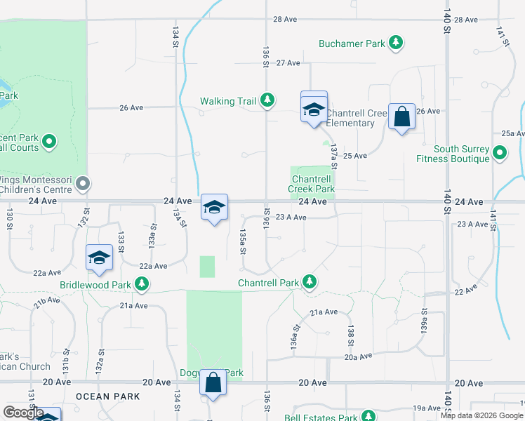 map of restaurants, bars, coffee shops, grocery stores, and more near 2377 136 Street in Surrey