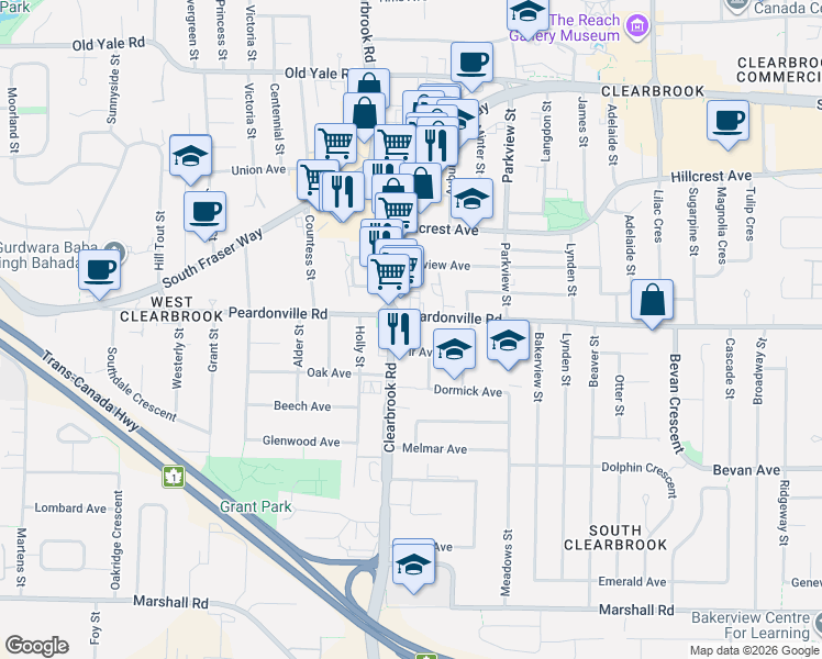 map of restaurants, bars, coffee shops, grocery stores, and more near 32040 Peardonville Road in Abbotsford