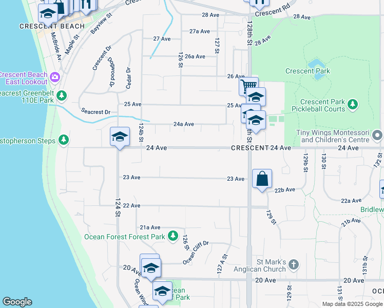 map of restaurants, bars, coffee shops, grocery stores, and more near 12628 24 Avenue in Surrey