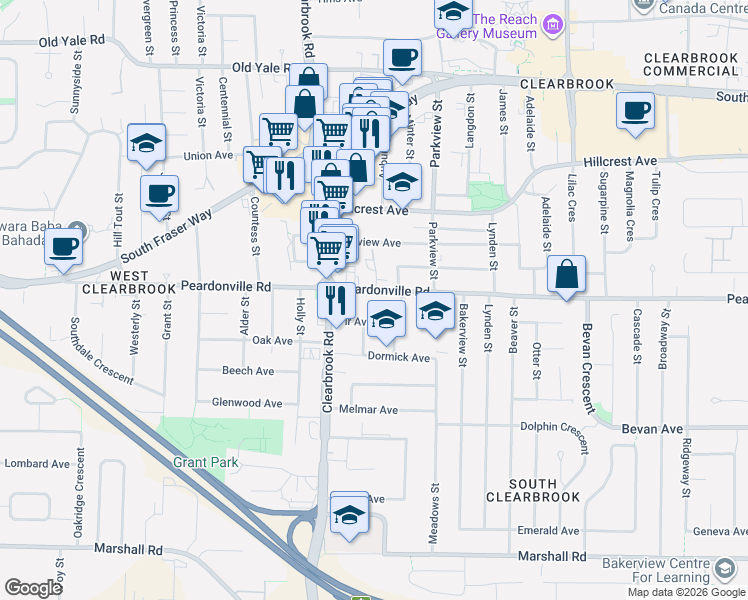 map of restaurants, bars, coffee shops, grocery stores, and more near 32070 Peardonville Road in Abbotsford