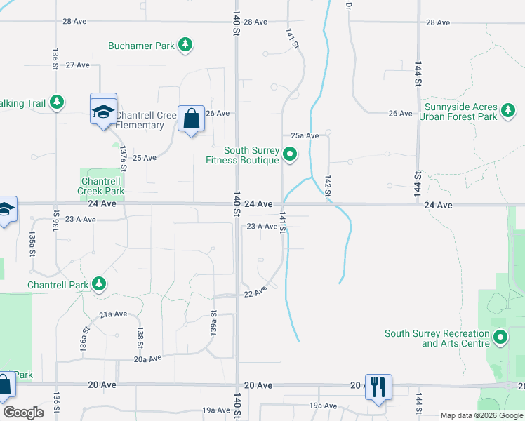 map of restaurants, bars, coffee shops, grocery stores, and more near 14066 24 Avenue in Surrey