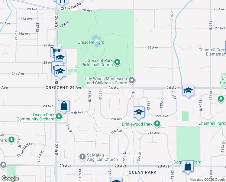 map of restaurants, bars, coffee shops, grocery stores, and more near 13096 24 Avenue in Surrey