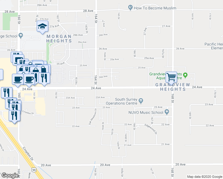 map of restaurants, bars, coffee shops, grocery stores, and more near 16488 24 Avenue in Surrey