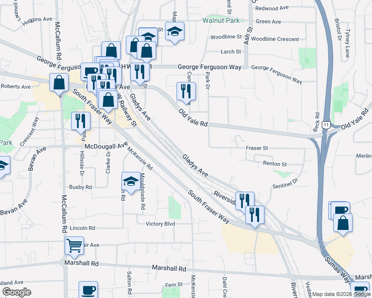 map of restaurants, bars, coffee shops, grocery stores, and more near 2410 Campbell Avenue in Abbotsford