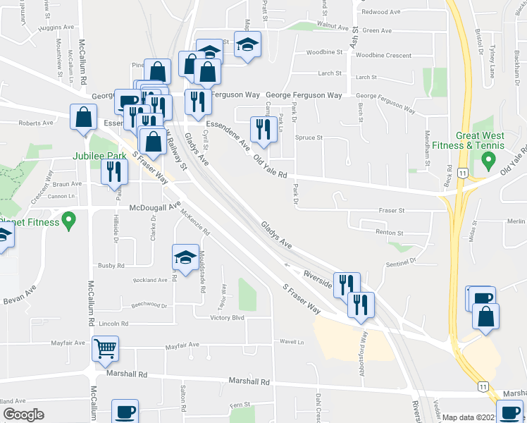 map of restaurants, bars, coffee shops, grocery stores, and more near 2410 Campbell Avenue in Abbotsford
