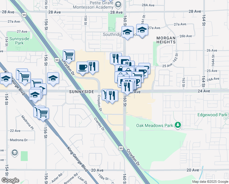 map of restaurants, bars, coffee shops, grocery stores, and more near 24 Avenue in Surrey