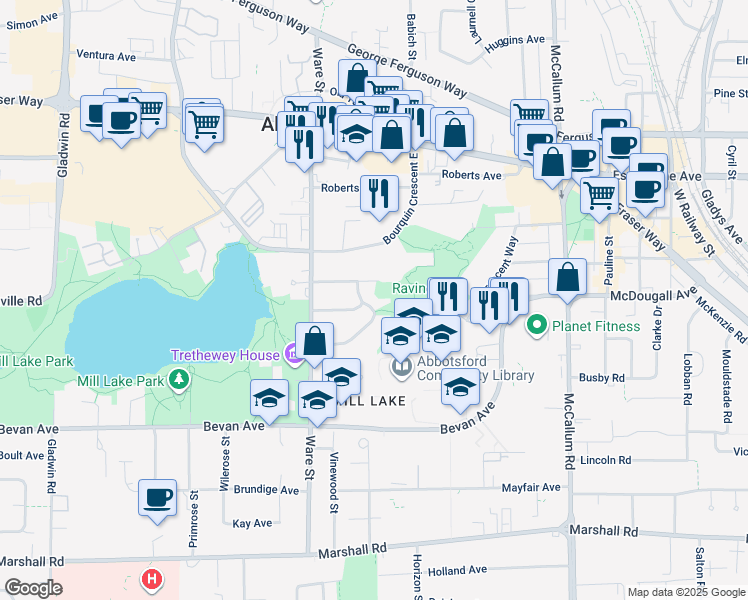 map of restaurants, bars, coffee shops, grocery stores, and more near 2406 Farrant Crescent in Abbotsford