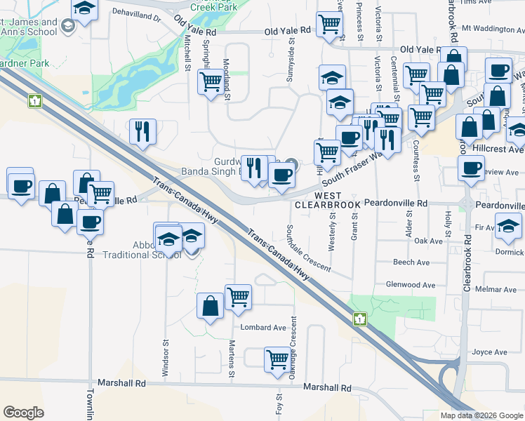 map of restaurants, bars, coffee shops, grocery stores, and more near 31550 South Fraser Way in Abbotsford
