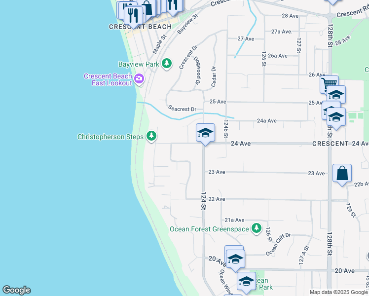 map of restaurants, bars, coffee shops, grocery stores, and more near 12340 24 Avenue in Surrey