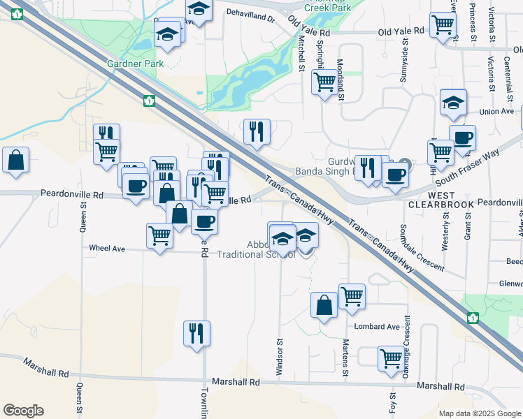 map of restaurants, bars, coffee shops, grocery stores, and more near 31324 Peardonville Road in Abbotsford