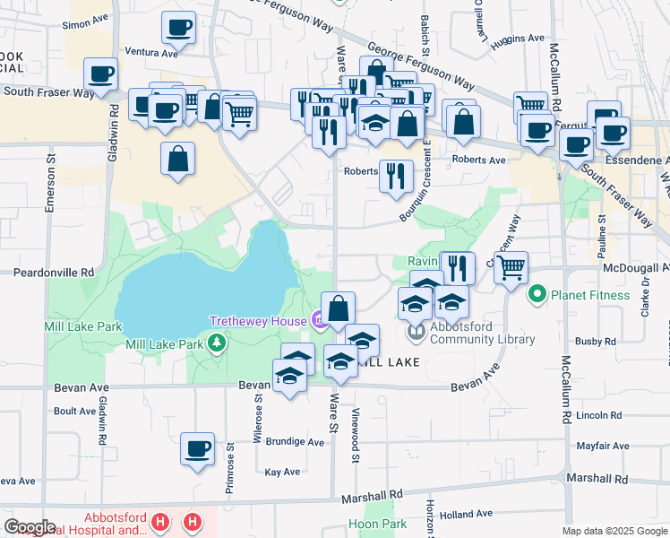 map of restaurants, bars, coffee shops, grocery stores, and more near Ware Street in Abbotsford