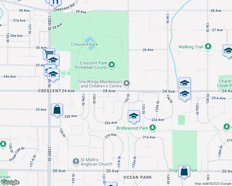 map of restaurants, bars, coffee shops, grocery stores, and more near 13136 24 Avenue in Surrey