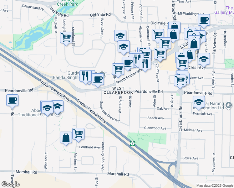 map of restaurants, bars, coffee shops, grocery stores, and more near 31690 Peardonville Road in Abbotsford
