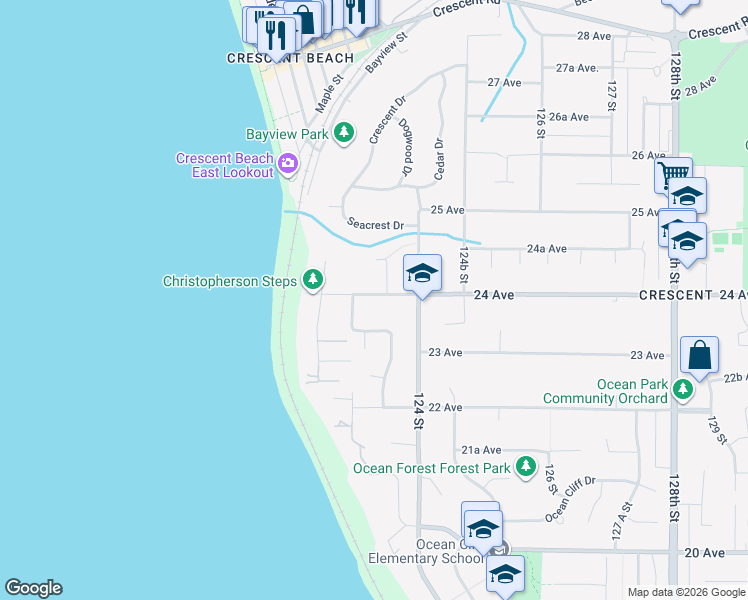 map of restaurants, bars, coffee shops, grocery stores, and more near 12332 24 Avenue in Surrey