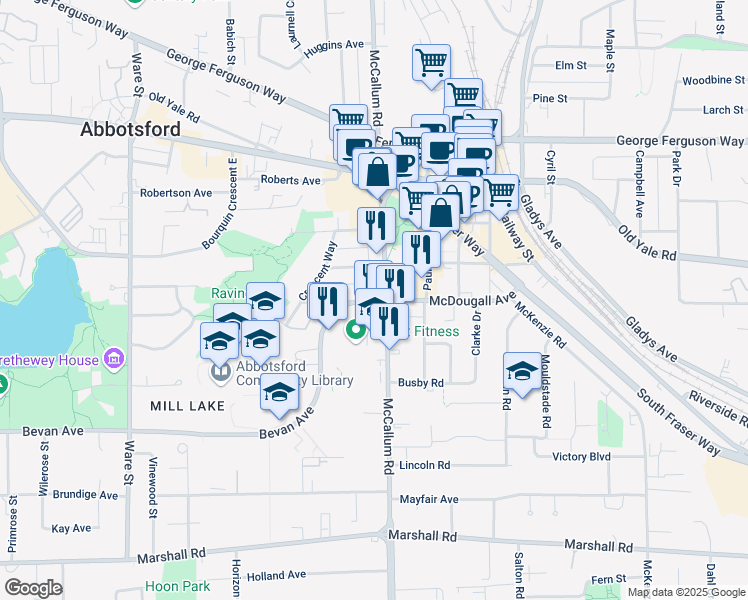 map of restaurants, bars, coffee shops, grocery stores, and more near 2388 McCallum Road in Abbotsford