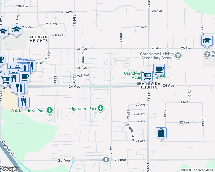 map of restaurants, bars, coffee shops, grocery stores, and more near 16538 24 Ave in Surrey