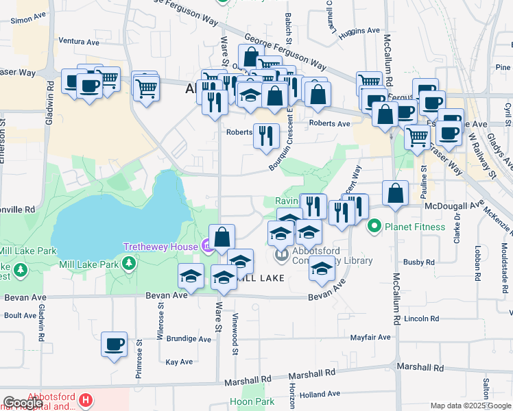map of restaurants, bars, coffee shops, grocery stores, and more near 2406 Farrant Crescent in Abbotsford
