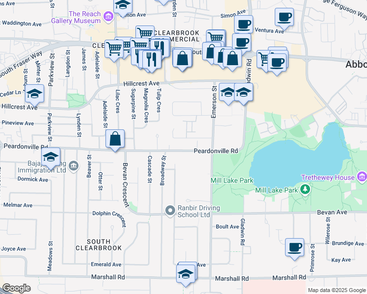 map of restaurants, bars, coffee shops, grocery stores, and more near 32611 Peardonville Road in Abbotsford