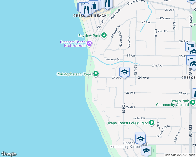 map of restaurants, bars, coffee shops, grocery stores, and more near 2383 Christopherson Road in Surrey