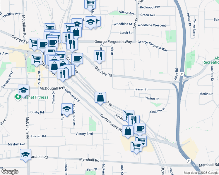 map of restaurants, bars, coffee shops, grocery stores, and more near 2411 Park Drive in Abbotsford