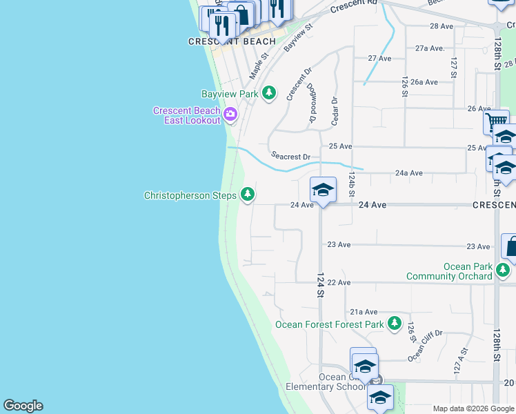 map of restaurants, bars, coffee shops, grocery stores, and more near 2383 Christopherson Road in Surrey