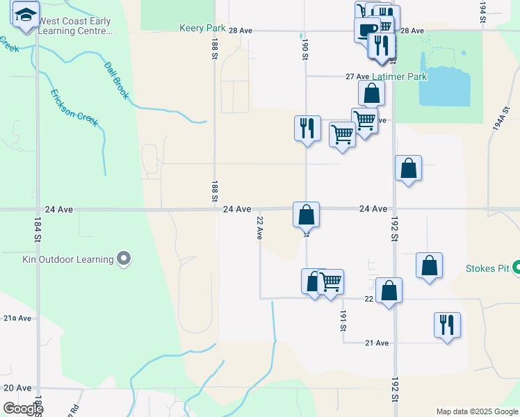 map of restaurants, bars, coffee shops, grocery stores, and more near 18899 24 Avenue in Surrey